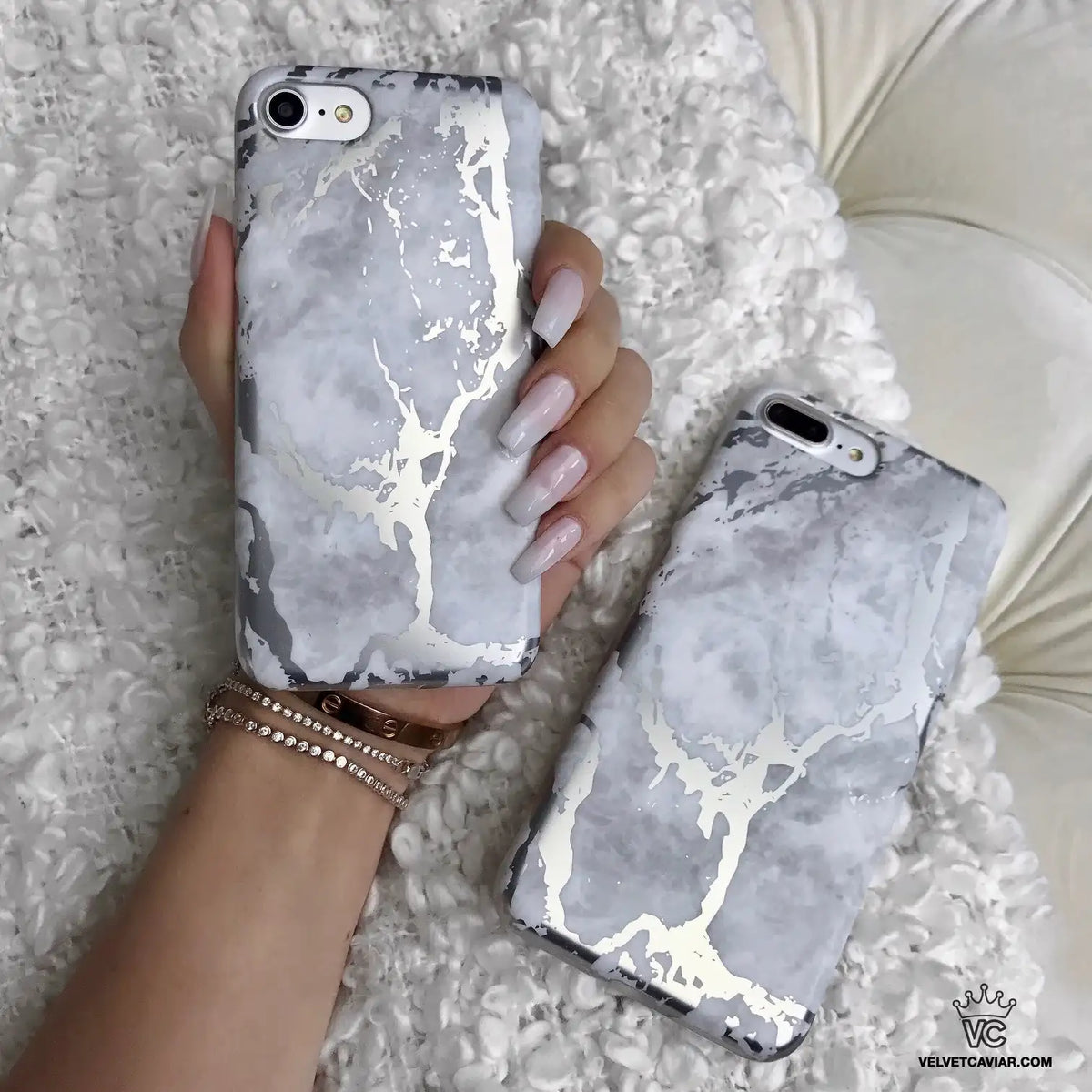 White Marble Silver Chrome iPhone Case
