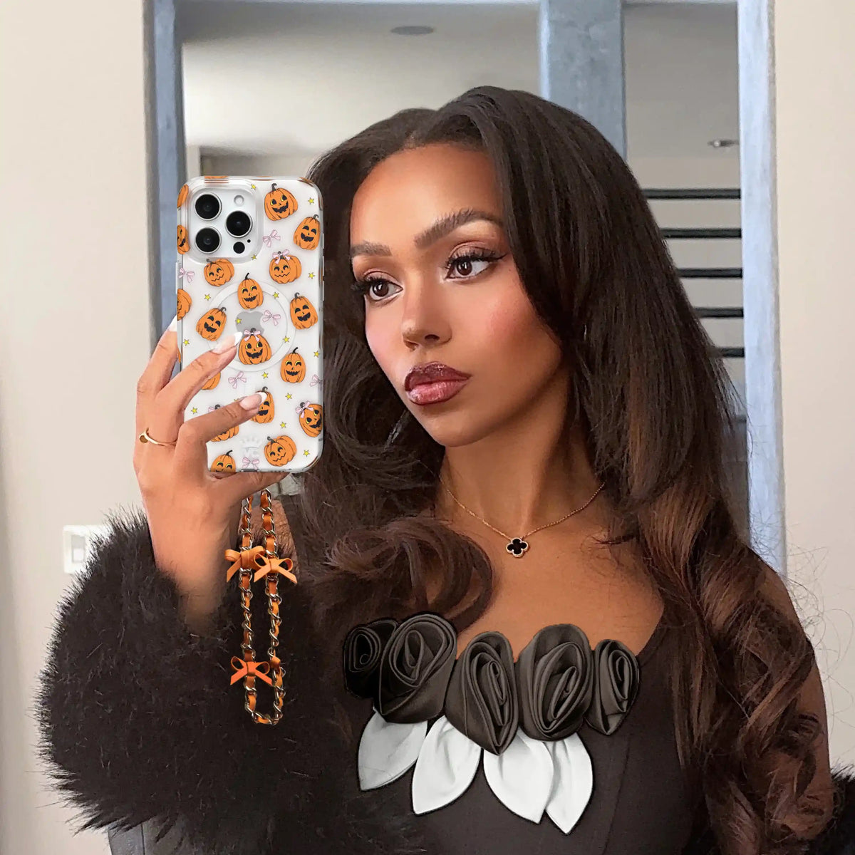 Orange Bow Leather Chain Phone Charm